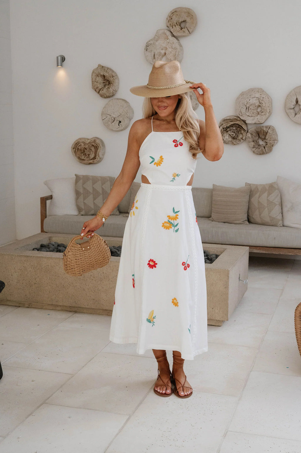 Embroidered Open Back Midi Dress-Off White