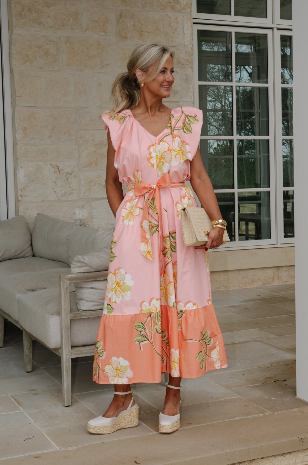 Hibiscus Ruffle Tiered Midi Dress-Pink/Coral Multi