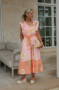 Hibiscus Ruffle Tiered Midi Dress-Pink/Coral Multi