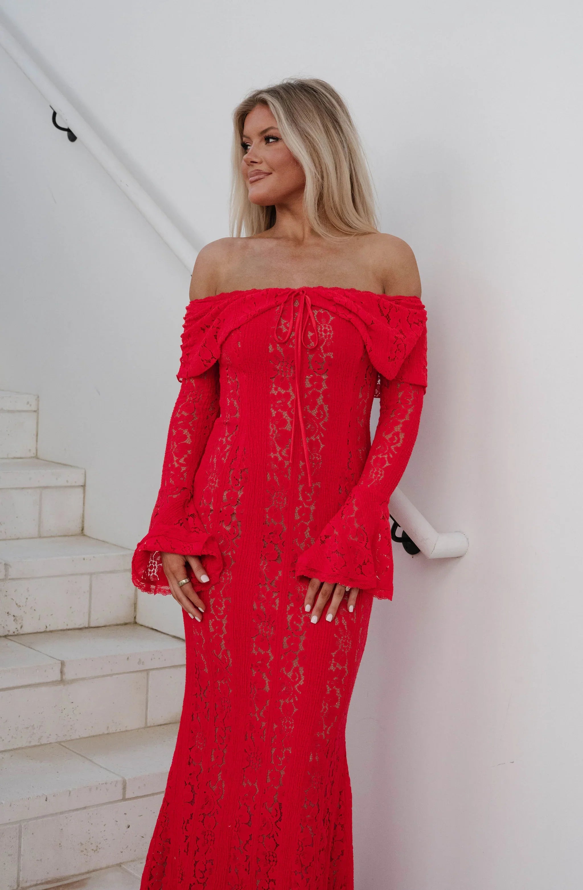Della Lace Maxi Dress-Red/Nude