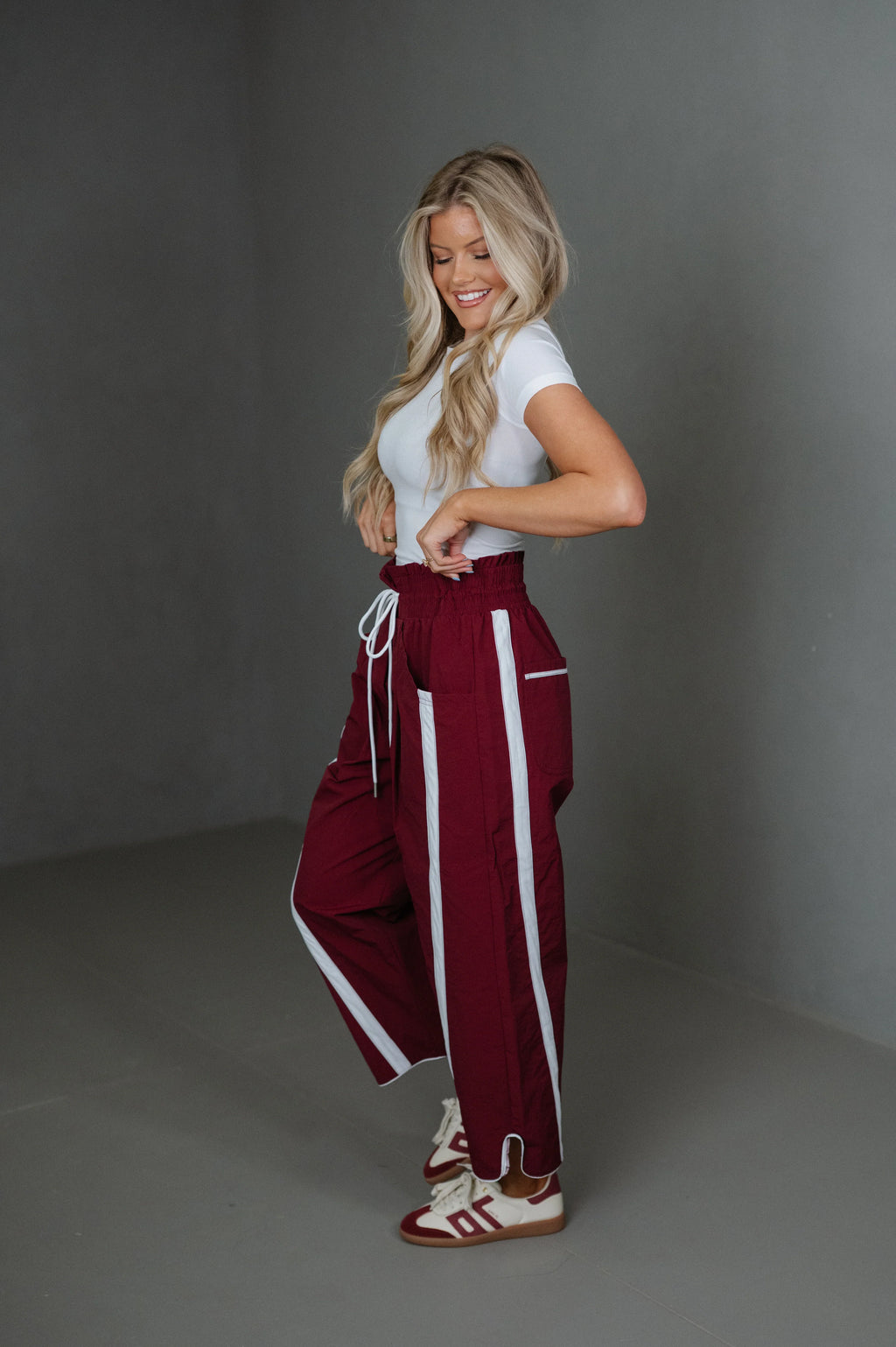 Windbreaker Side Stripe Pants-Burgundy
