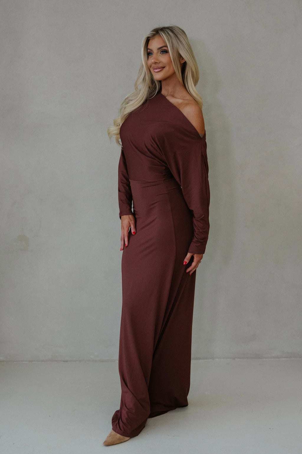 Jane Ruched Sleeve Maxi Dress-Metallic Copper