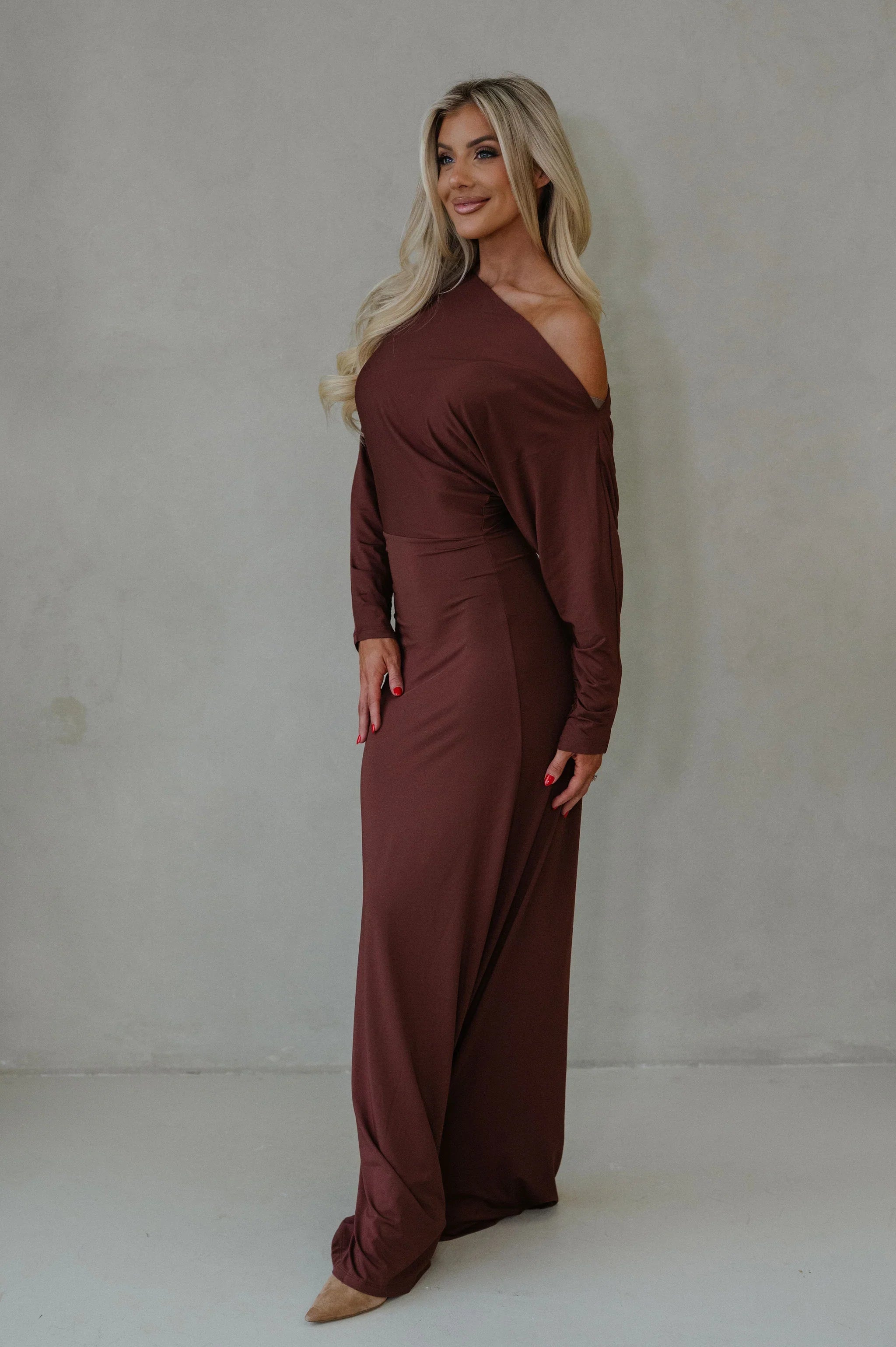 Jane Ruched Sleeve Maxi Dress-Metallic Copper