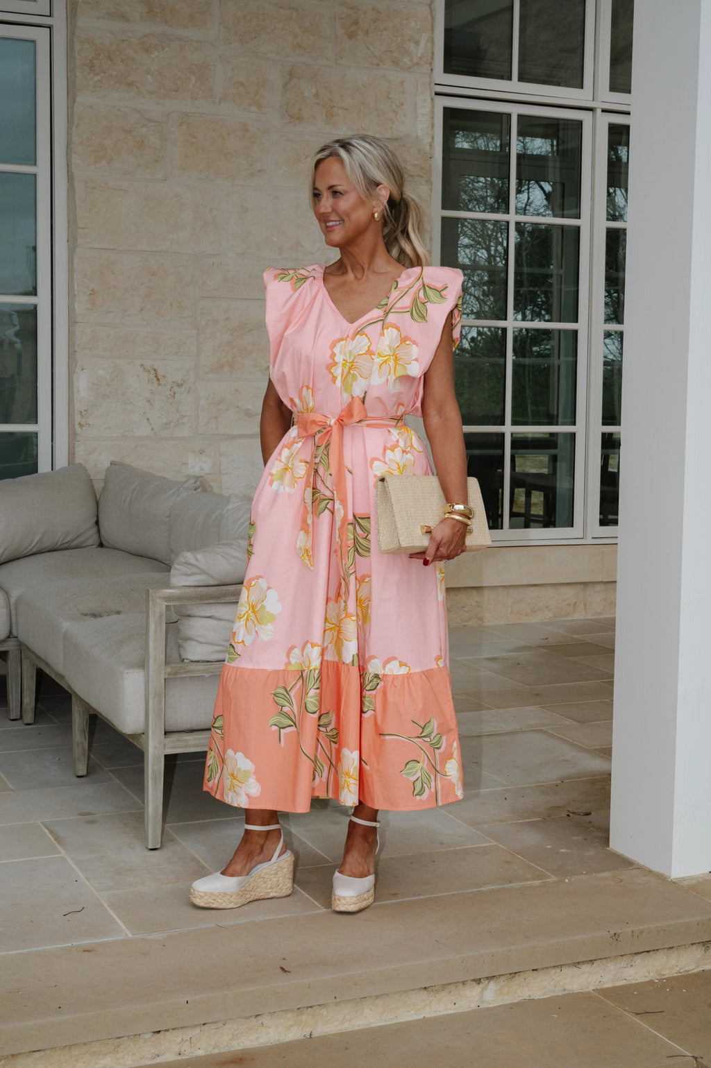 Hibiscus Ruffle Tiered Midi Dress-Pink/Coral Multi