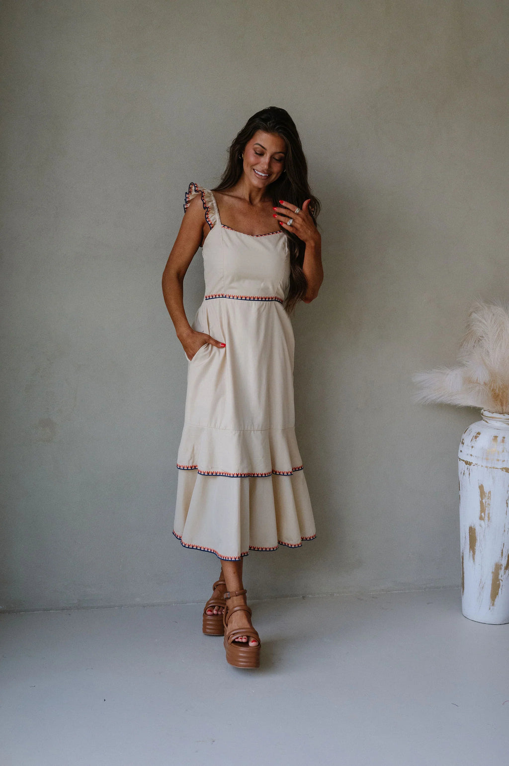 Layered Embroidered Midi Dress- Almond