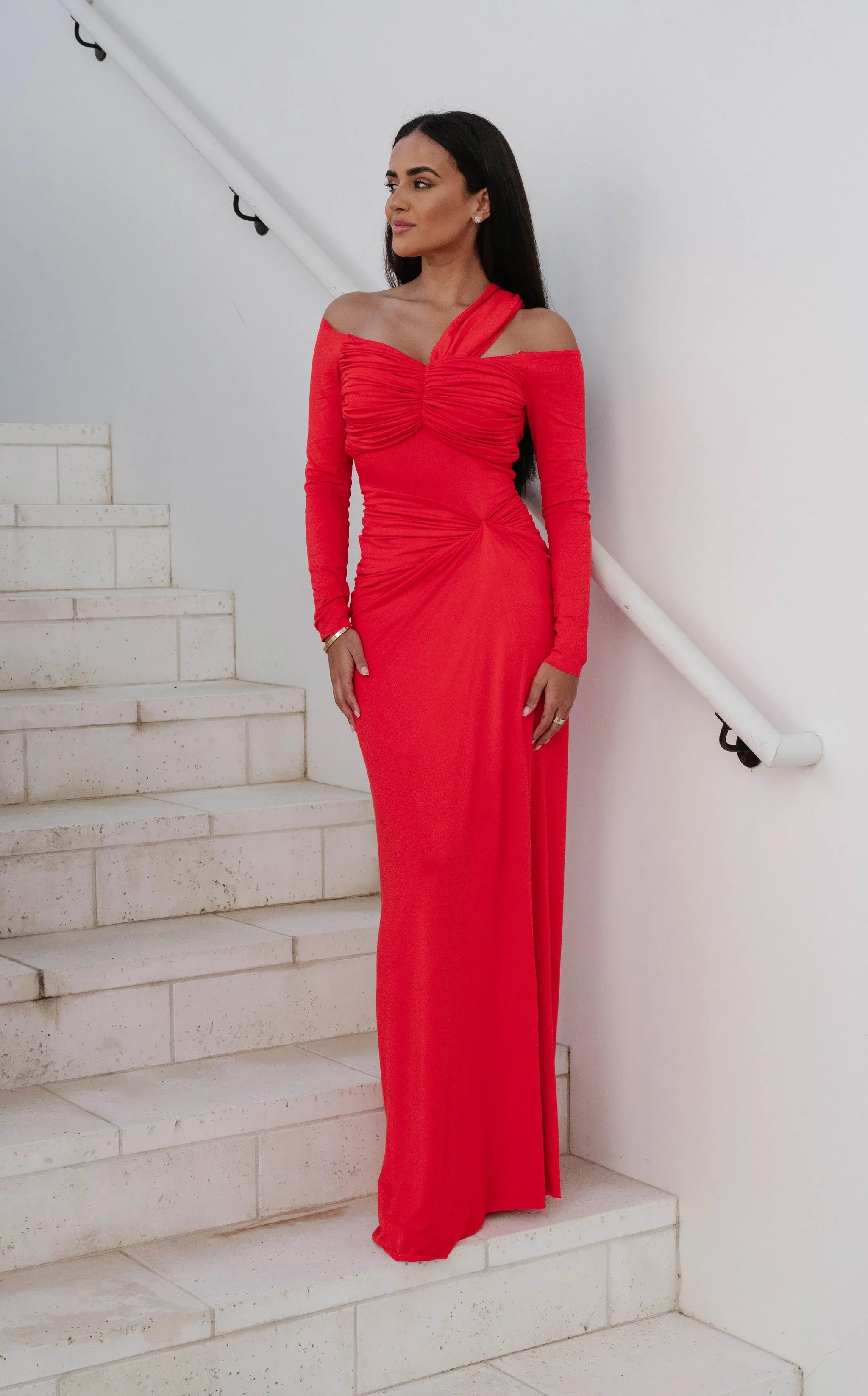Loren OTS Ruched Maxi Dress-Red