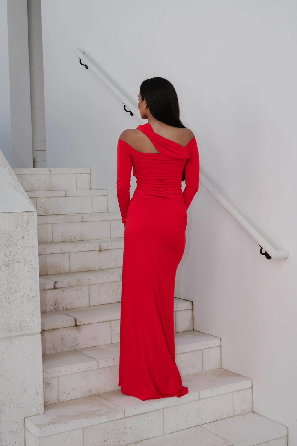 Loren OTS Ruched Maxi Dress-Red