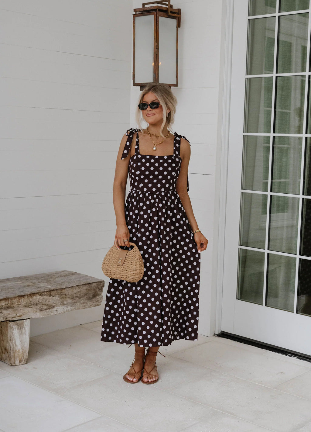 Serena Polka Dot Midi Dress-Brown