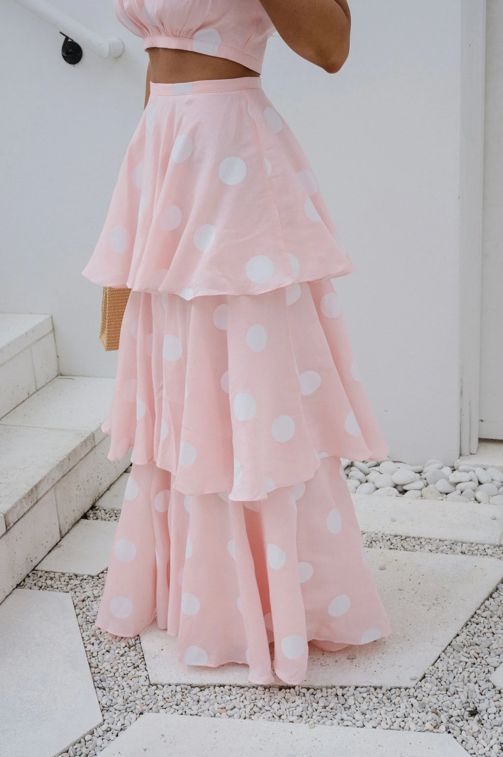 Spring Polka Dot Halter Neck Skirt Set-Pink
