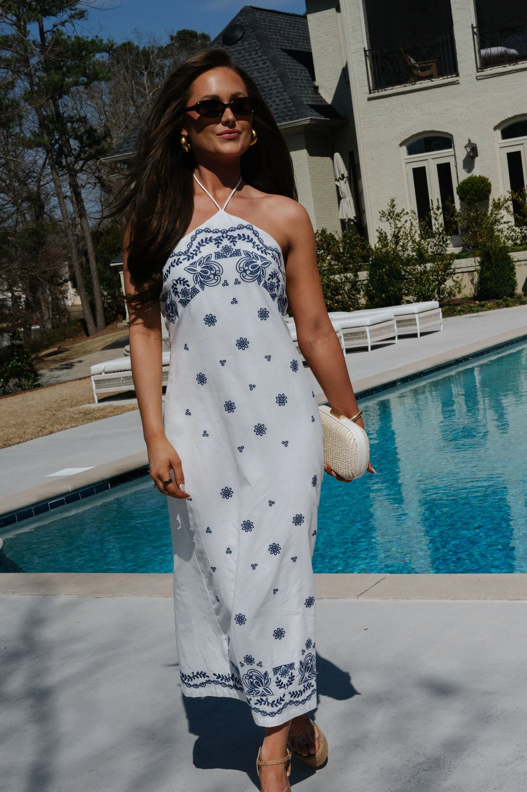 Tristan Embroidered Midi Dress-Off White/Blue