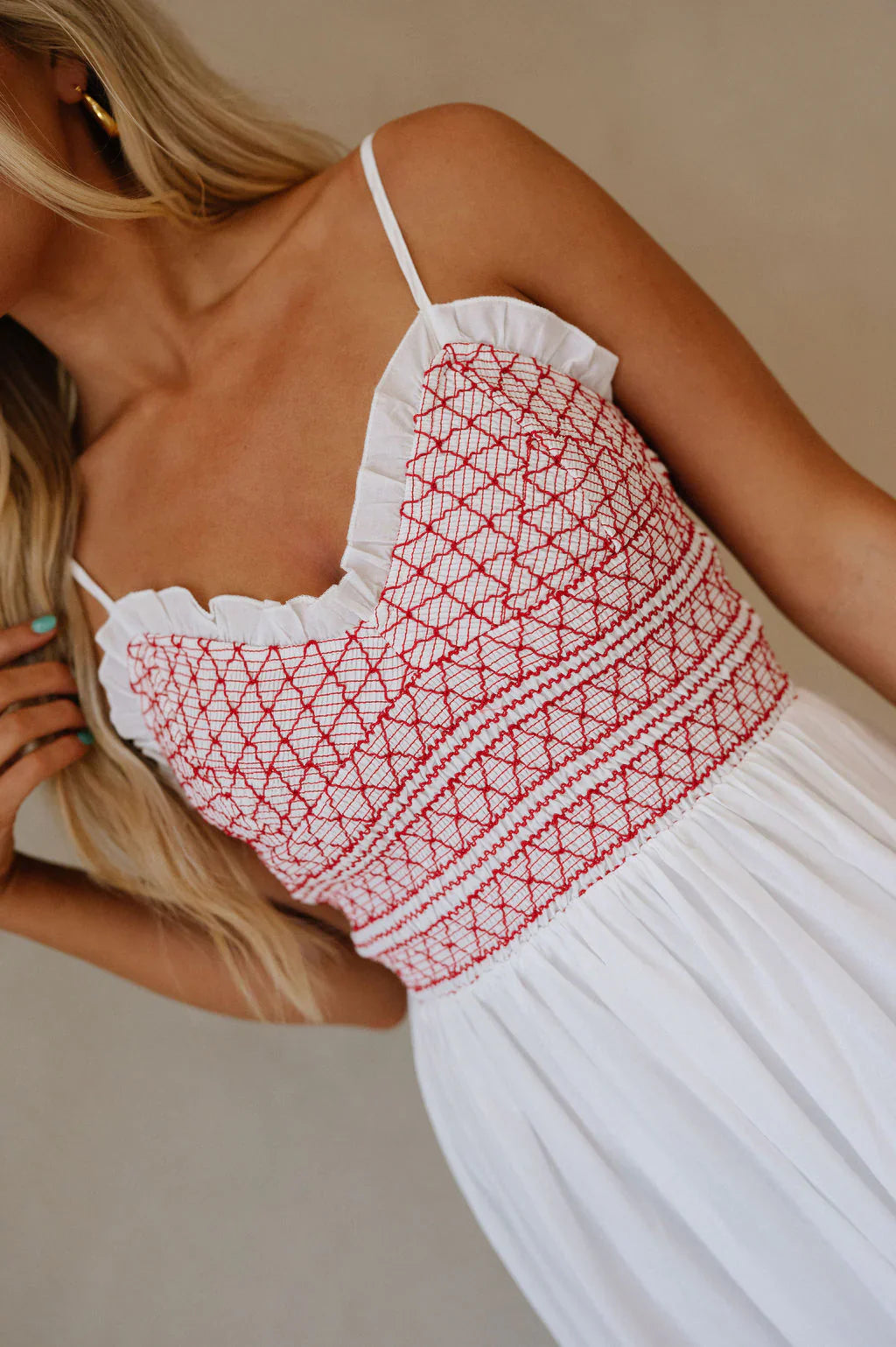 Embroidered Smocked Maxi Dress-Red