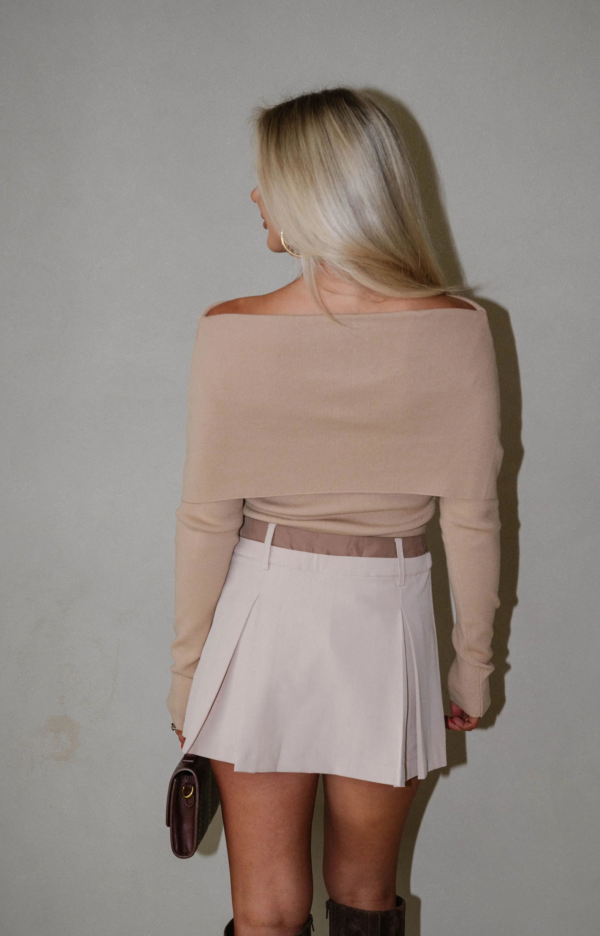 Layered Waist Pleated Skirt-Beige