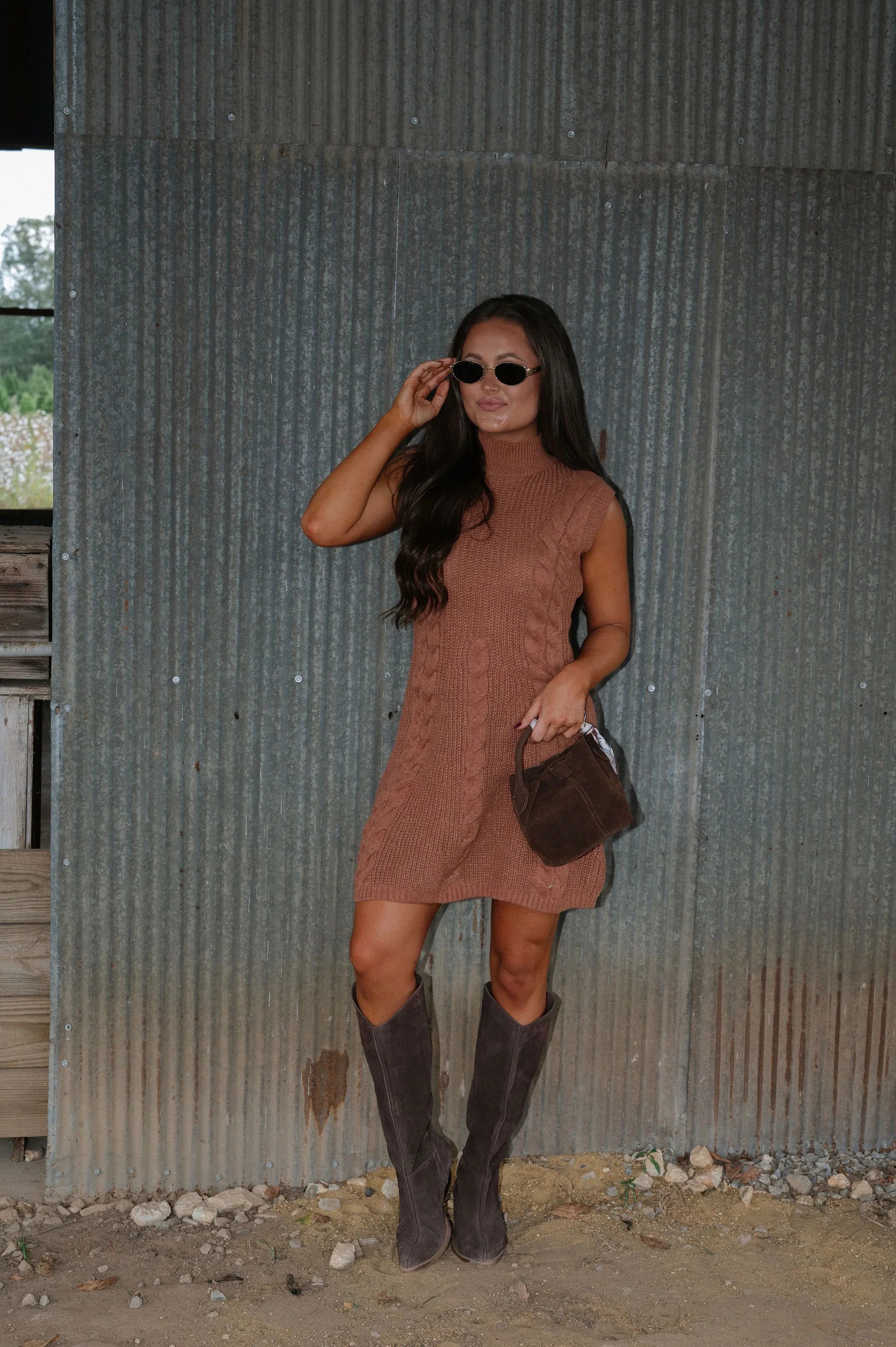 Rori Cable Knit Mini Dress-Burnt Brown