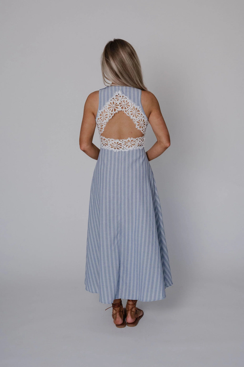Striped Lace Trim Open Back Midi Dress-Light Blue