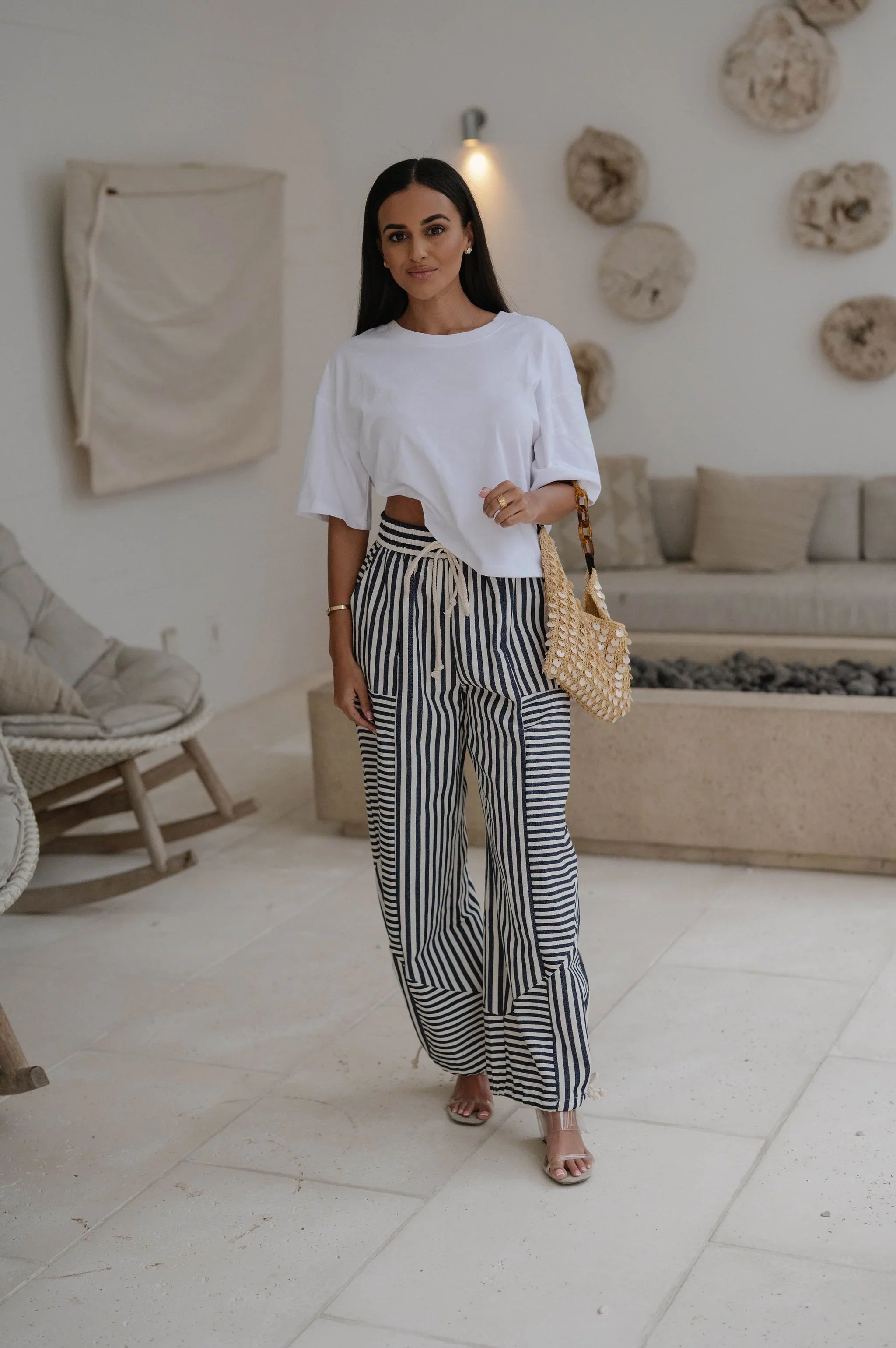 Striped Parachute Pants-Blue