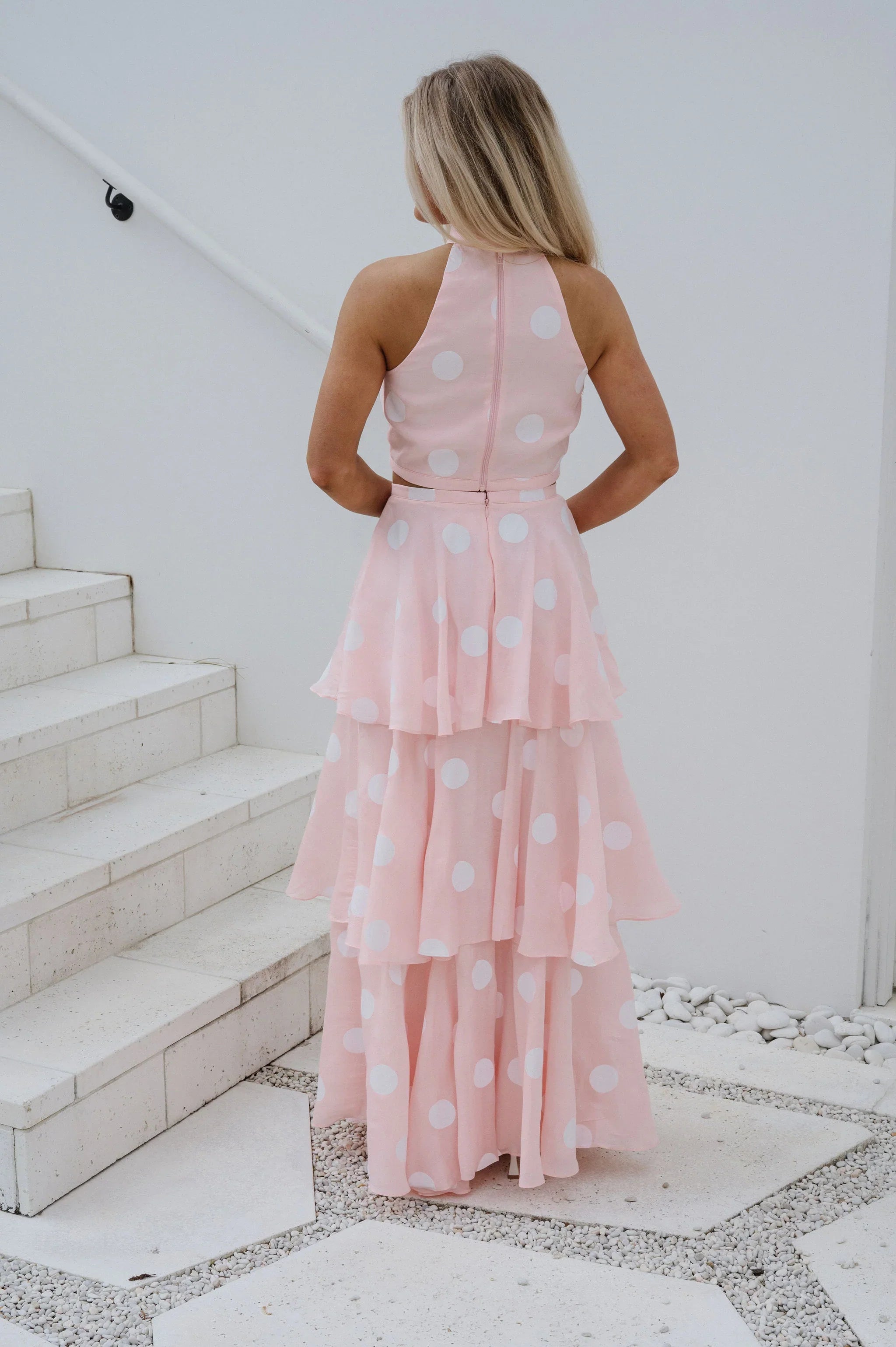 Spring Polka Dot Halter Neck Skirt Set-Pink