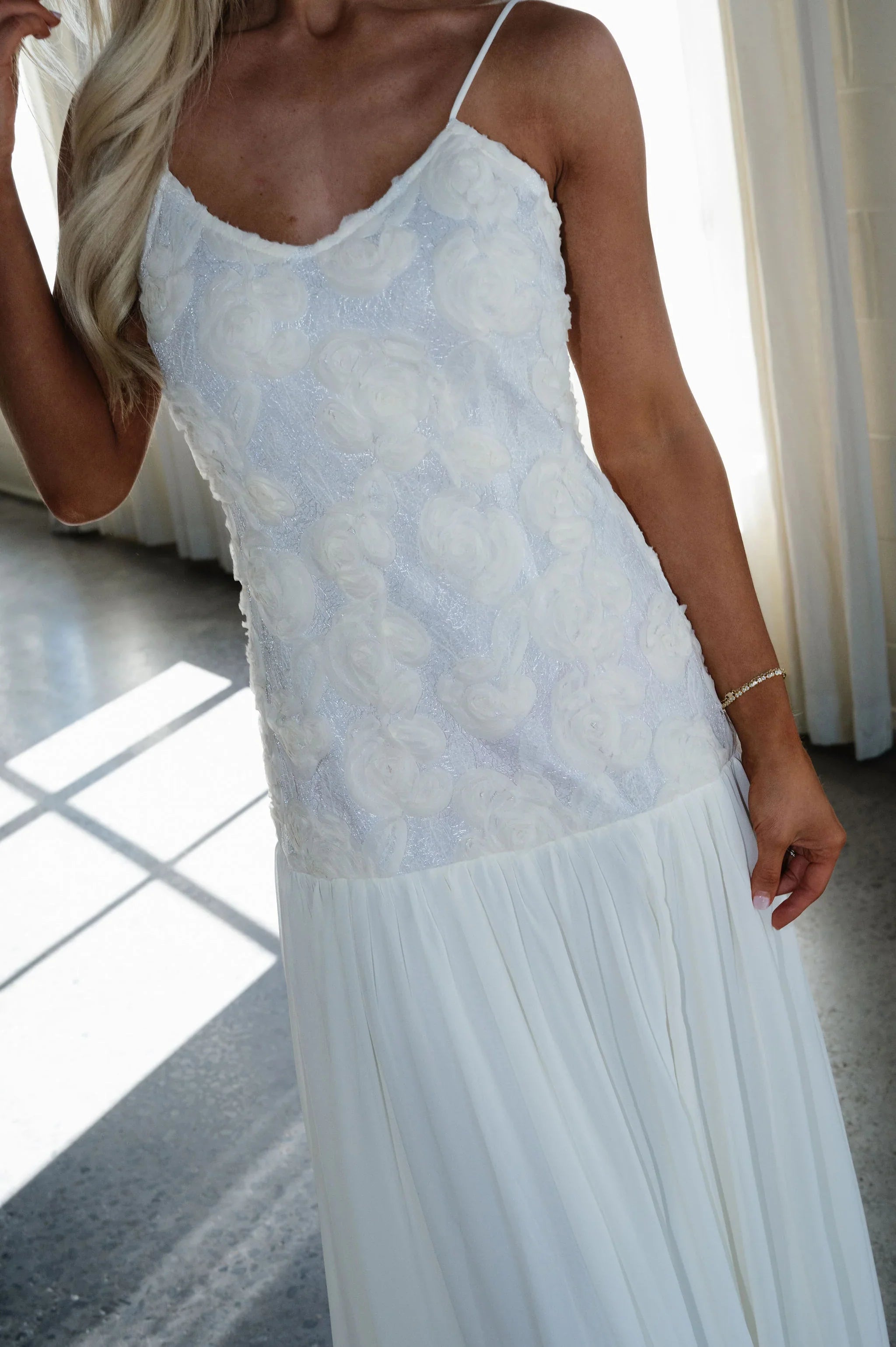 Elegant Rose Textured Maxi Dress-Ivory