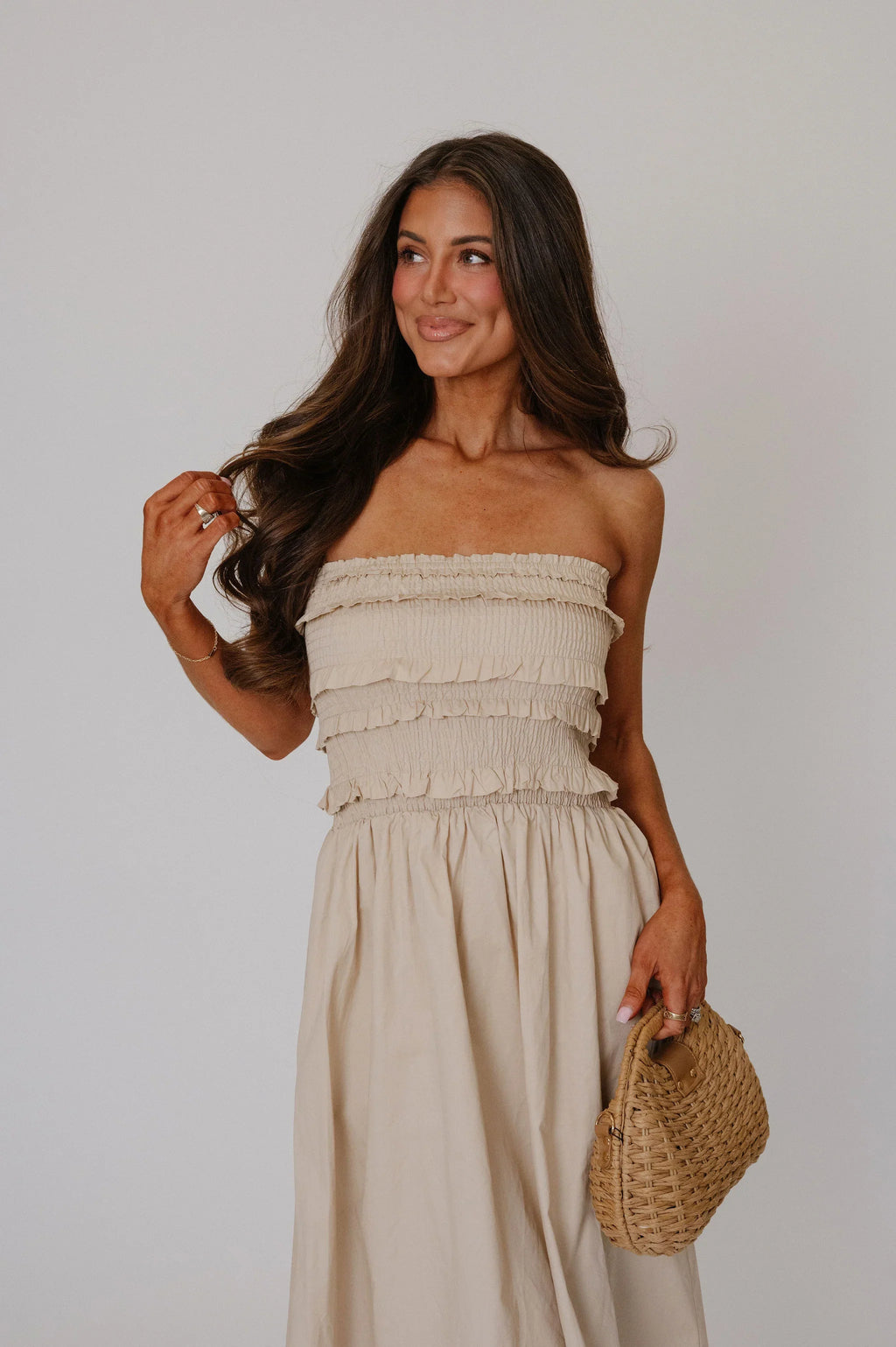 Sara Strapless Midi Dress-Beige