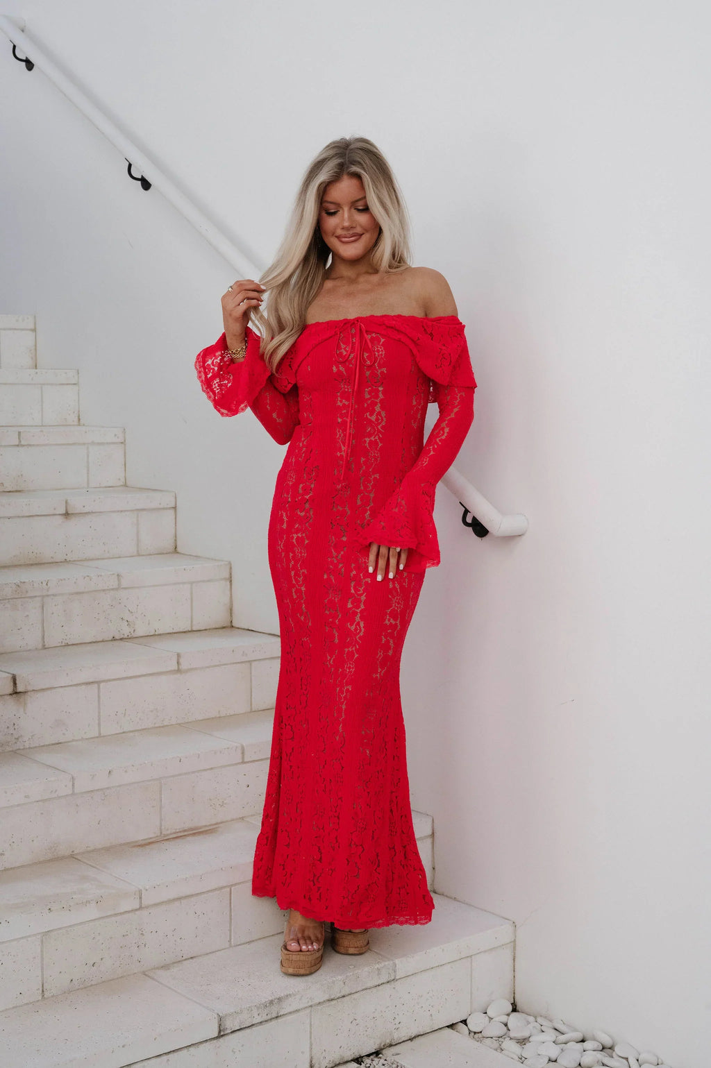 Della Lace Maxi Dress-Red/Nude