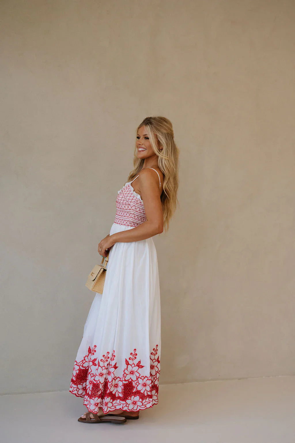 Embroidered Smocked Maxi Dress-Red