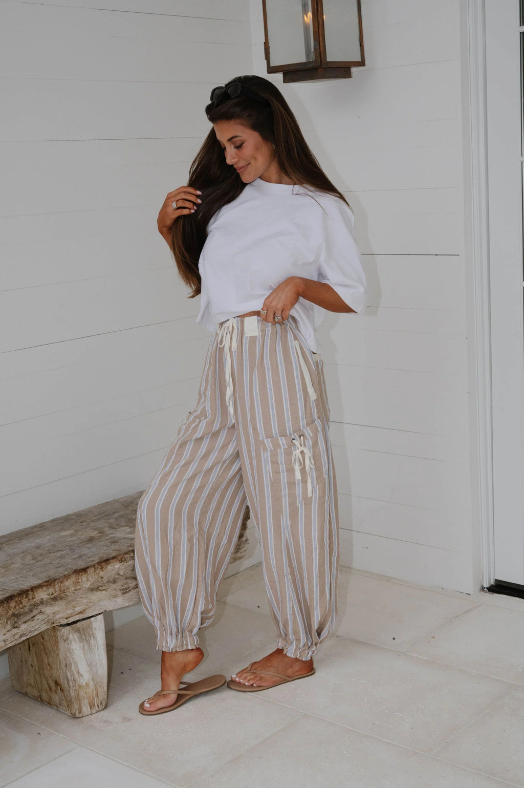Marlow Striped Jogger Pants-Almond Latte