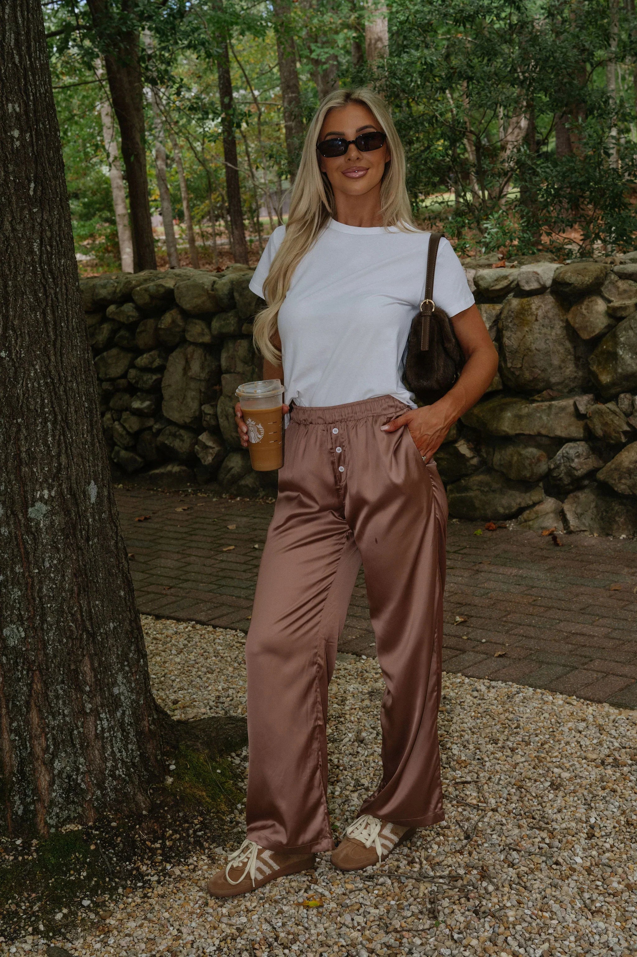 Mid-Waist Wide Leg Satin Pant-Bronze