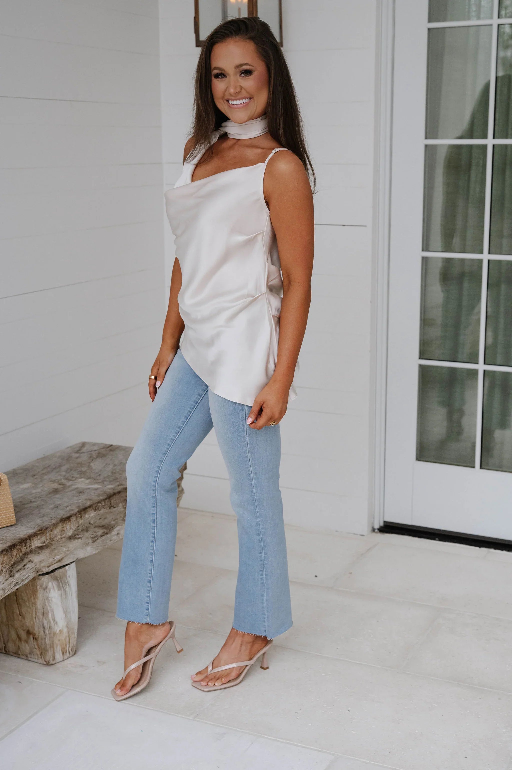 Satin Scarf Neck Top-Champgane