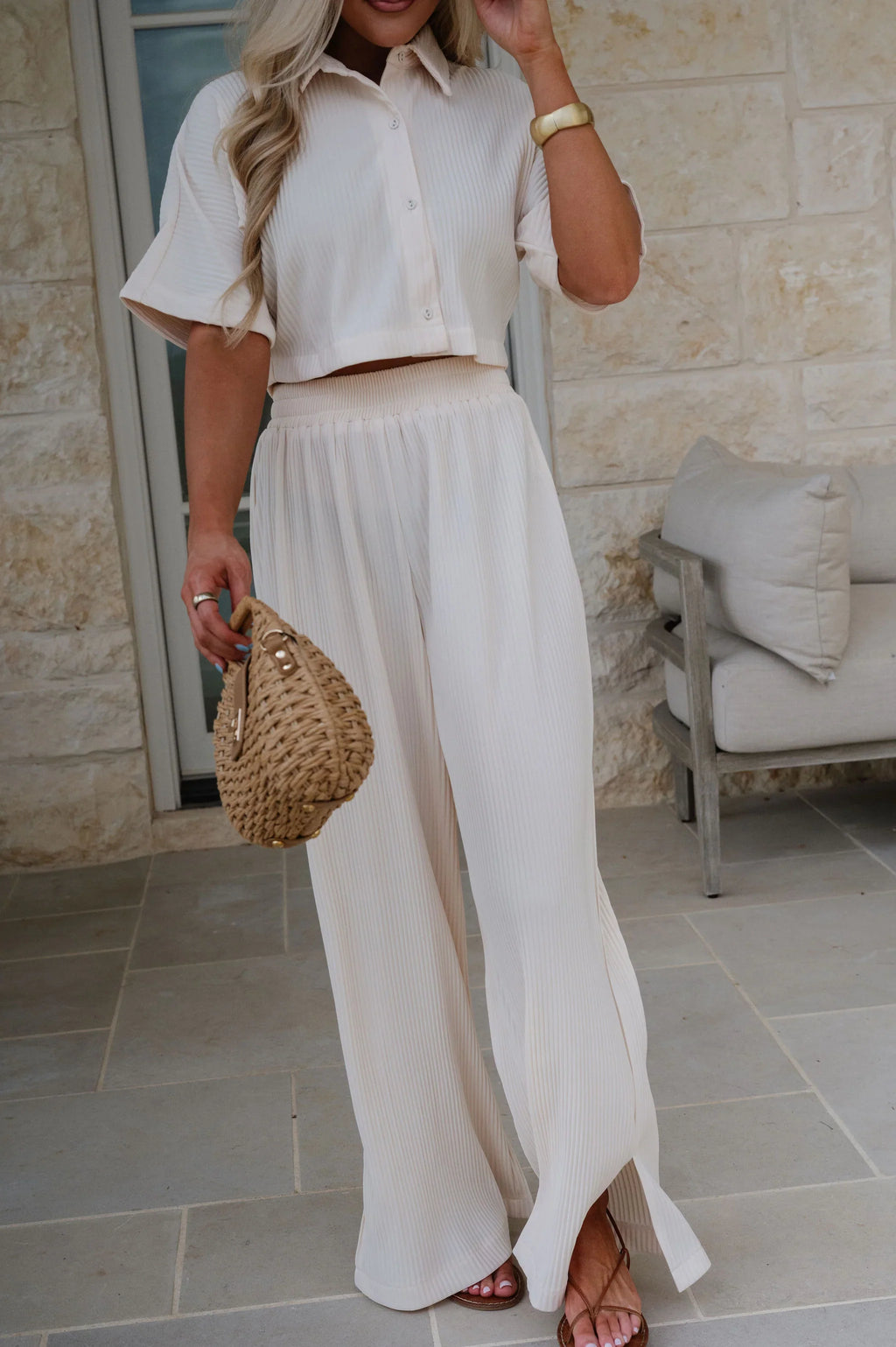 Duston Pleated Pants Set-Cream