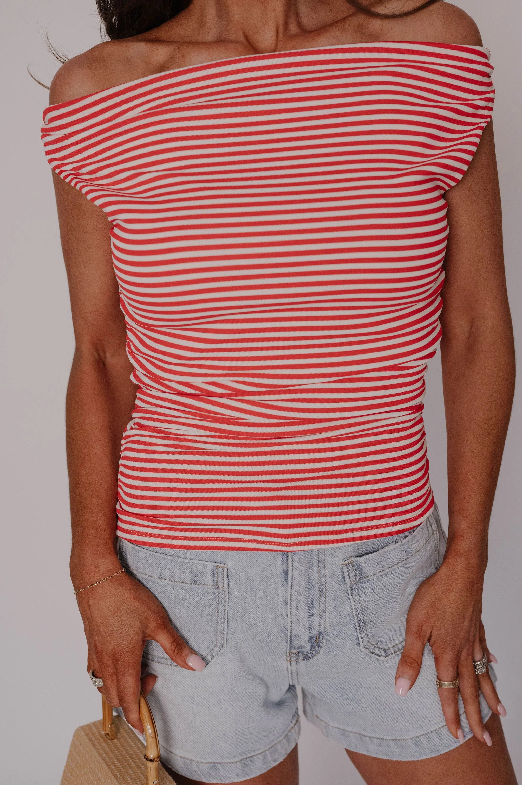 Lauren OTS Striped Top-Red/Off White