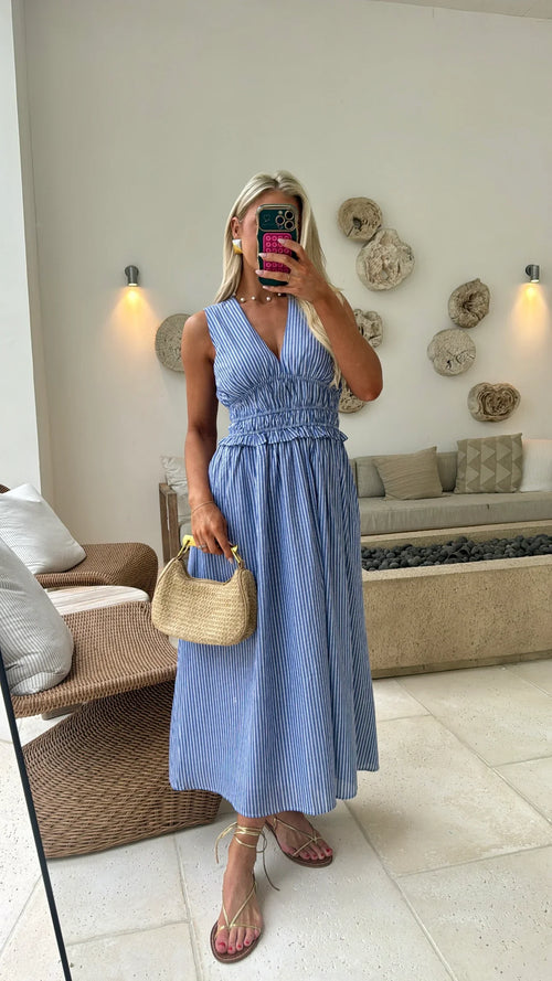 Alice Striped Midi Dress-Denim/White
