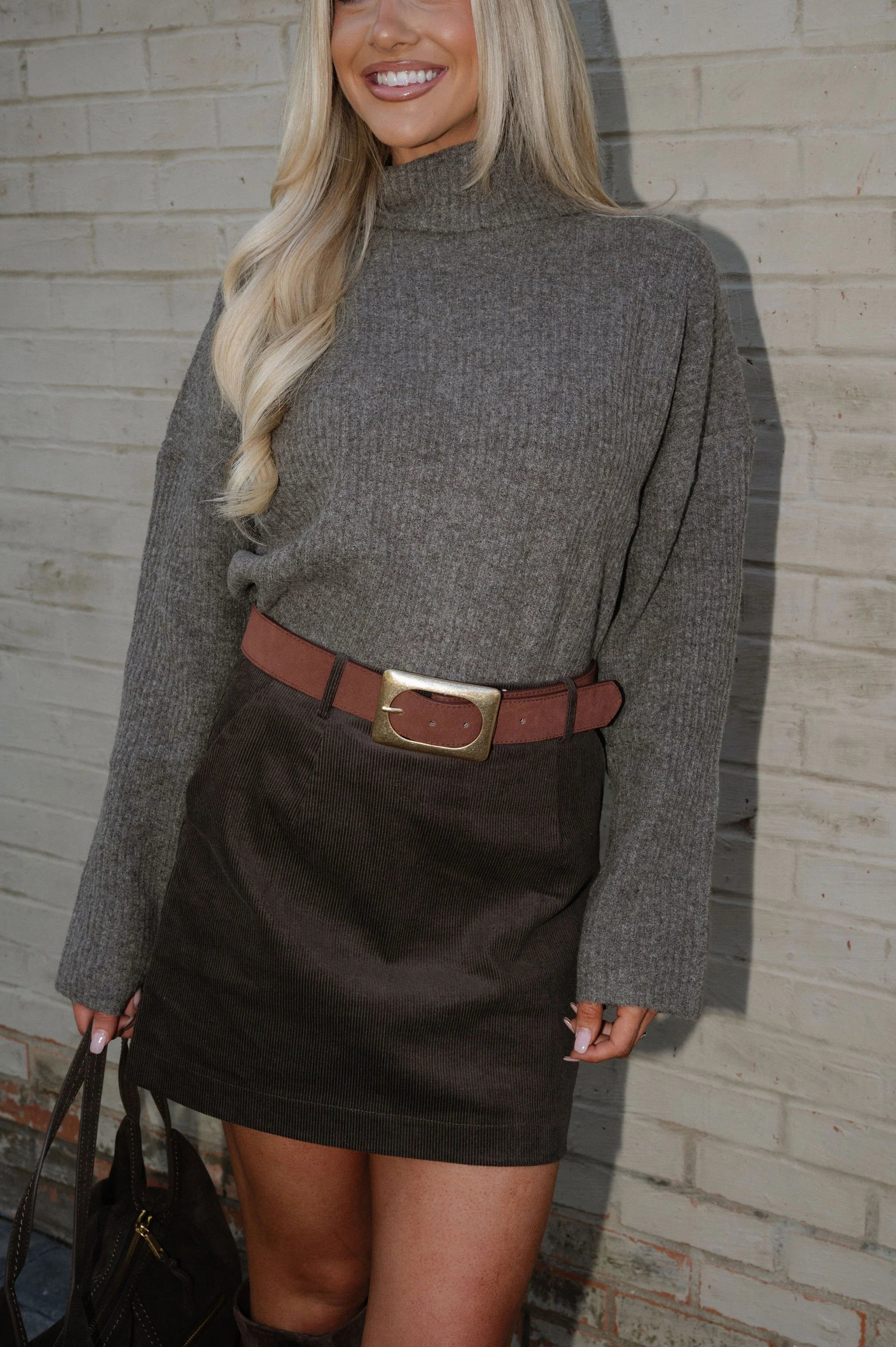 Lasso Corduroy Mini Skirt-Dark Brown